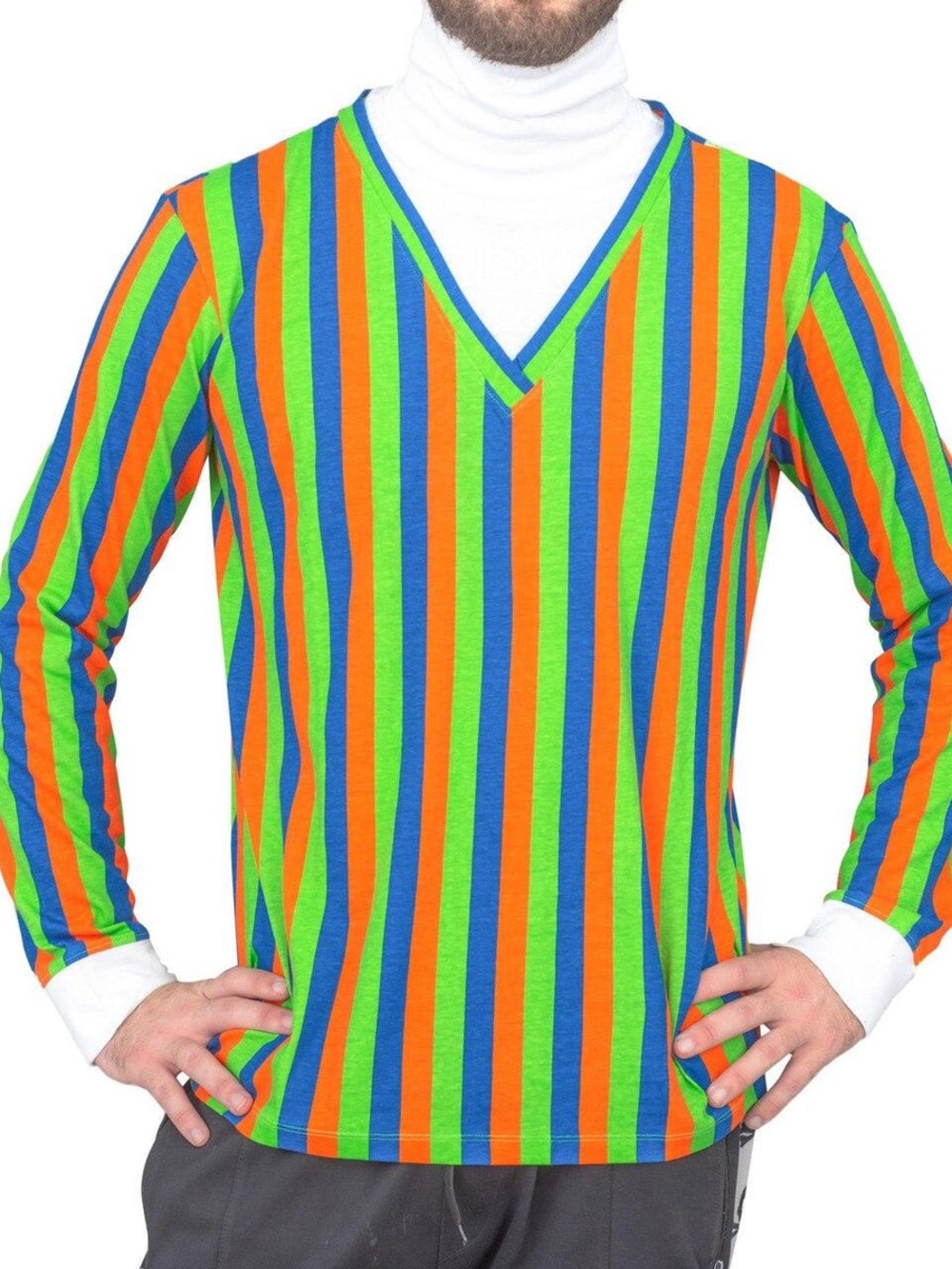 Sesame Street Men's V-Neck Striped Sweater — Green, Blue & Orange Costume